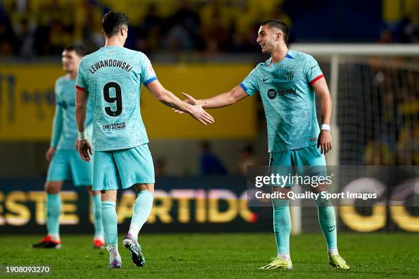 Ferran Torres of FC Barcelona celebrates after scoring the team's first goal with teammate Robert Lewandowski during the LaLiga EA Sports match...