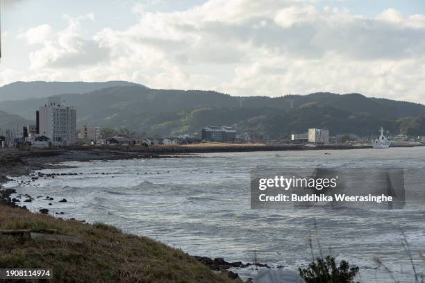 Damaged buildings and city view following the earthquake on January 04, 2024 in Wajima, Japan. A series of major earthquakes have killed more than 60...