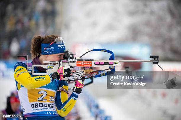 Hanna Oeberg of Sweden at the shooting range during the Women 4x6km Relay at the BMW IBU World Cup Biathlon Oberhof on January 7, 2024 in Oberhof,...