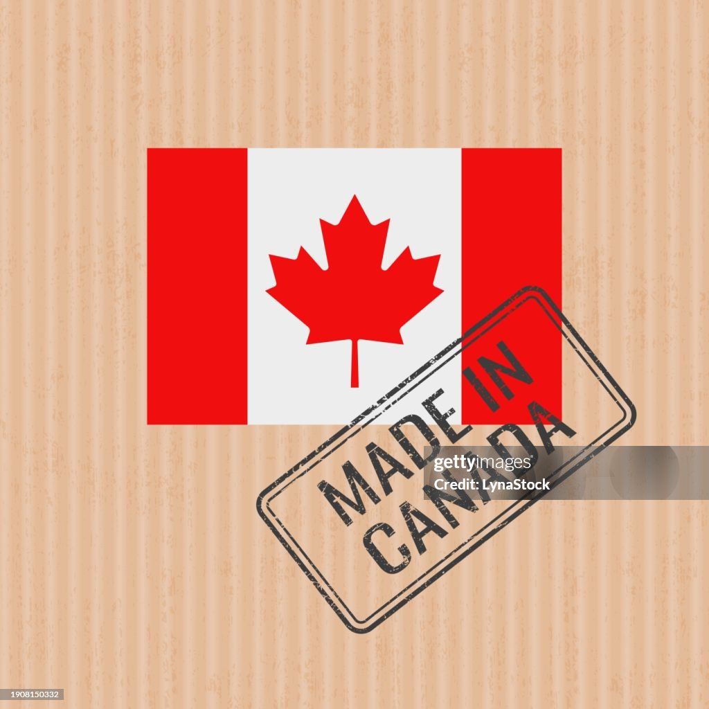 Made in Canada badge vector. Sticker with Canadian national flag. Ink stamp isolated on paper background.
