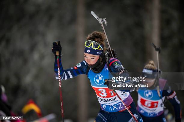 Lou Jeanmonnot of France in action competes during the Women 4x6km Relay at the BMW IBU World Cup Biathlon Oberhof on January 7, 2024 in Oberhof,...