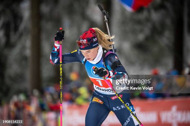 Juni Arnekleiv of Norway in action competes during the Women 4x6km Relay at the BMW IBU World Cup Biathlon Oberhof on January 7, 2024 in Oberhof,...