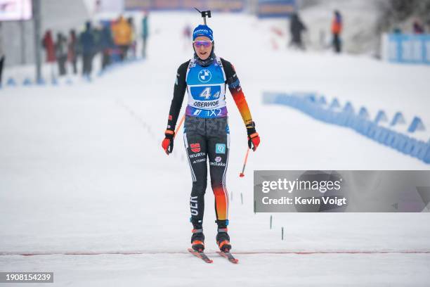 Franziska Preuss of Germany in the finish during the Women 4x6km Relay at the BMW IBU World Cup Biathlon Oberhof on January 7, 2024 in Oberhof,...