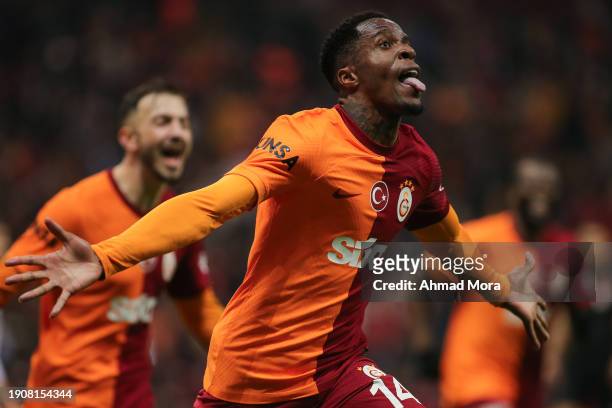 Wilfried Zaha of Galatasaray celebrates after scoring his team's second goal during the Turkish Super League match between Galatasaray and Konyaspor...