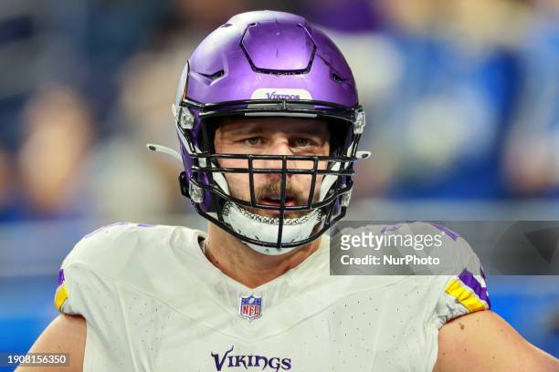 Minnesota Vikings offensive tackle David Quessenberry looks over the field ahead of an NFL football game between the Detroit Lions and the Minnesota...