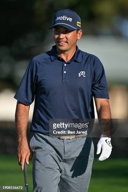 Jason Day of Australia smiles on the putting green during the final round of The Sentry at The Plantation Course at Kapalua on January 7, 2024 in...