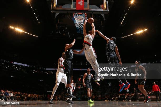 Shaedon Sharpe of the Portland Trail Blazers drives to the basket during the game against the Brooklyn Nets on January 7, 2024 at Barclays Center in...