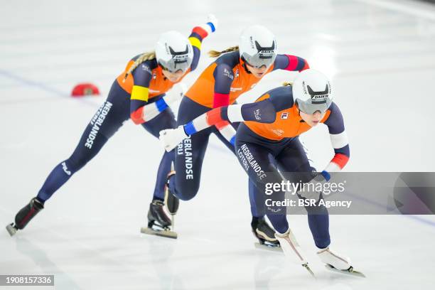 Marijke Groenewoud, Irene Schouten, Joy Beune competing on the Team Pursuit Women during the ISU European Speed Skating Championships at Thialf on...