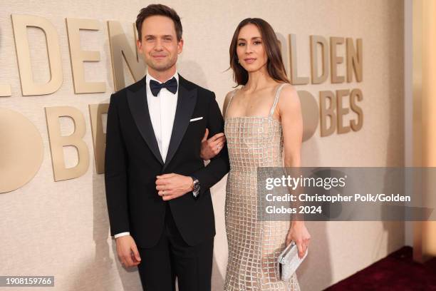 Patrick J. Adams and Troian Bellisario at the 81st Golden Globe Awards held at the Beverly Hilton Hotel on January 7, 2024 in Beverly Hills,...