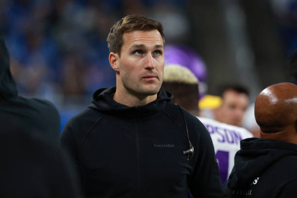 Minnesota Vikings quarterback Kirk Cousins looks on from the sidelines during the second half of an NFL football game between the Minnesota Vikings...