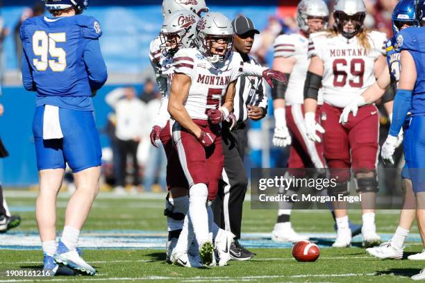 Junior Bergen of the Montana Grizzlies reacts against the South Dakota State Jackrabbits during the Division I FCS Football Championship held at...
