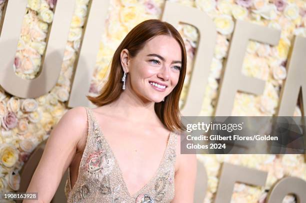 Emma Stone at the 81st Golden Globe Awards held at the Beverly Hilton Hotel on January 7, 2024 in Beverly Hills, California.
