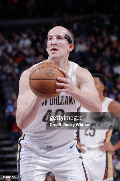 Cody Zeller of the New Orleans Pelicans shoots a free throw during the game on January 7, 2024 at Golden 1 Center in Sacramento, California. NOTE TO...