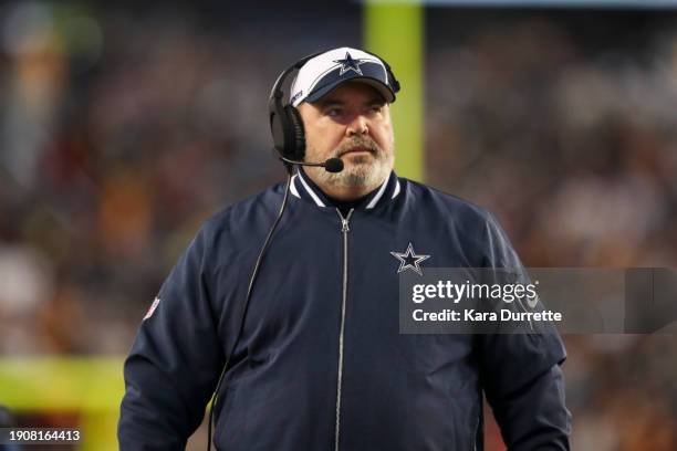 Dallas Cowboys head coach Mike McCarthy walks the sideline during an NFL game against the Washington Commanders at FedExField on January 7, 2024 in...