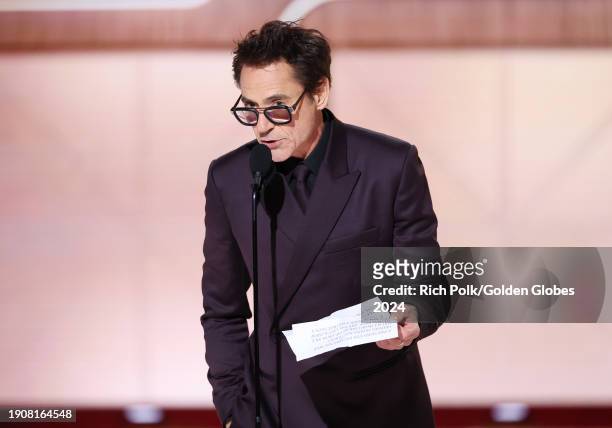 Robert Downey Jr. Accepts the award for Best Performance by a Male Actor in a Supporting Role in Any Motion Picture for "Oppenheimer" at the 81st...