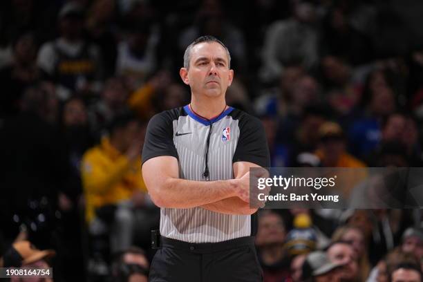 Referee, Brett Nansel, looks on during the game between the Detroit Pistons and the Denver Nuggets on January 7, 2024 at the Ball Arena in Denver,...