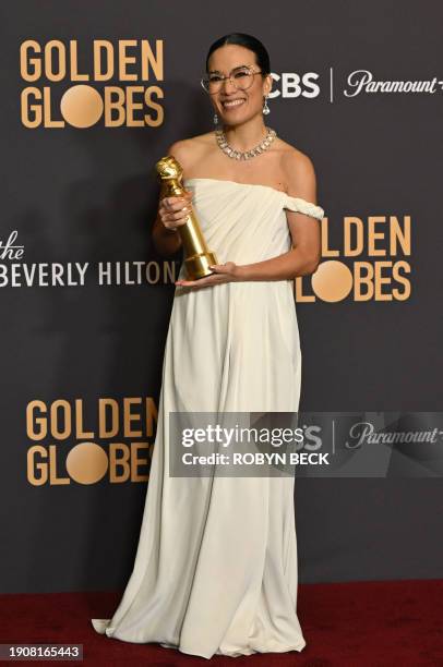 Actress Ali Wong poses with the award for Best Performance by a Female Actor in a Limited Series, Anthology Series or a Motion Picture Made for...