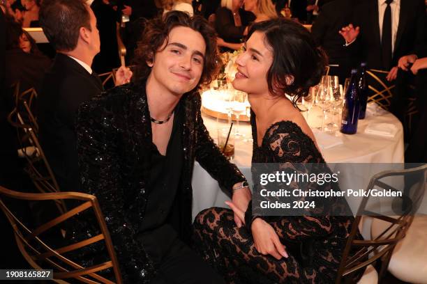 Timothée Chalamet and Kylie Jenner at the 81st Golden Globe Awards held at the Beverly Hilton Hotel on January 7, 2024 in Beverly Hills, California.