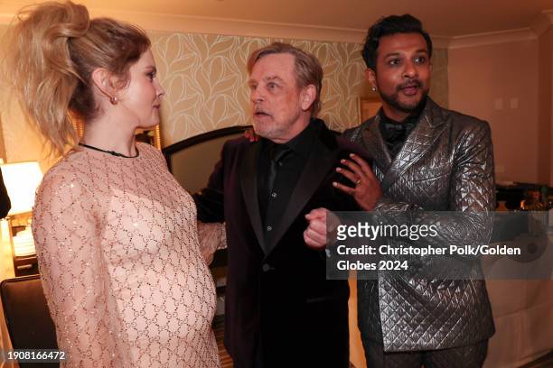 Rose McIver, Mark Hamill and Utkarsh Ambudkar at the 81st Golden Globe Awards held at the Beverly Hilton Hotel on January 7, 2024 in Beverly Hills,...
