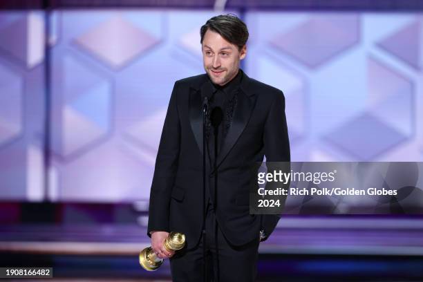 Kieran Culkin accepts the award for Best Performance by a Male Actor in a Television Series Drama for "Succession" at the 81st Golden Globe Awards...