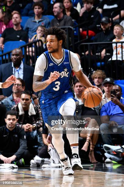 Chuma Okeke of the Orlando Magic handles the ball during the game against the Atlanta Hawks on January 7, 2024 at the Kia Center in Orlando, Florida....