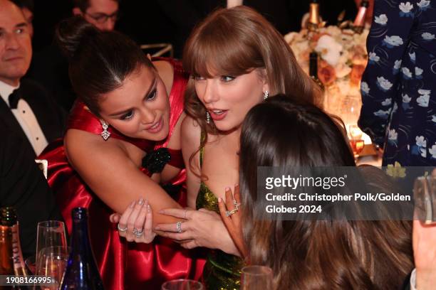 Selena Gomez and Taylor Swift at the 81st Golden Globe Awards held at the Beverly Hilton Hotel on January 7, 2024 in Beverly Hills, California.