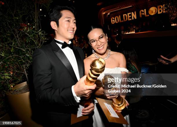 Steven Yeun and Ali Wong at the 81st Golden Globe Awards held at the Beverly Hilton Hotel on January 7, 2024 in Beverly Hills, California.