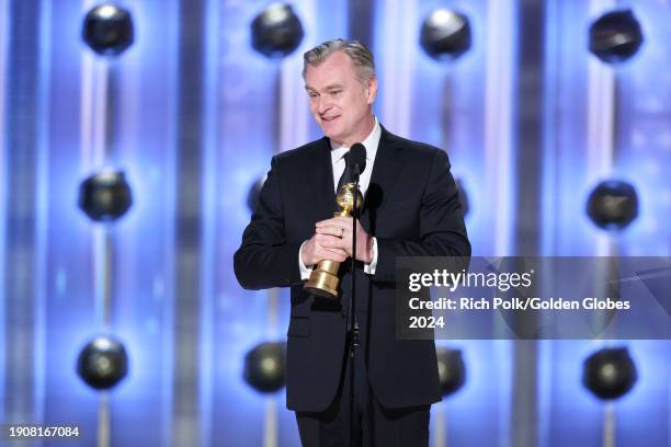 Christopher Nolan accepts the award for Best Director Motion Picture for "Oppenheimer" at the 81st Golden Globe Awards held at the Beverly Hilton...