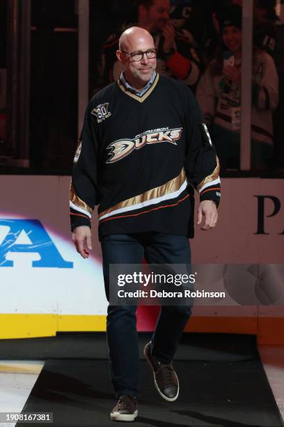 Anaheim Ducks alumni, Jean-Sebastien Giguere is honored during Legacy Night prior to the game against the Detroit Red Wings on January 7, 2024 at...