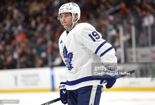 Calle Jarnkrok of the Toronto Maple Leafs looks on during the third period of a game against the Anaheim Ducks at Honda Center on January 03, 2024 in...
