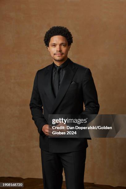 Trevor Noah at the portrait booth at the 81st Golden Globe Awards held at the Beverly Hilton Hotel on January 7, 2024 in Beverly Hills, California.