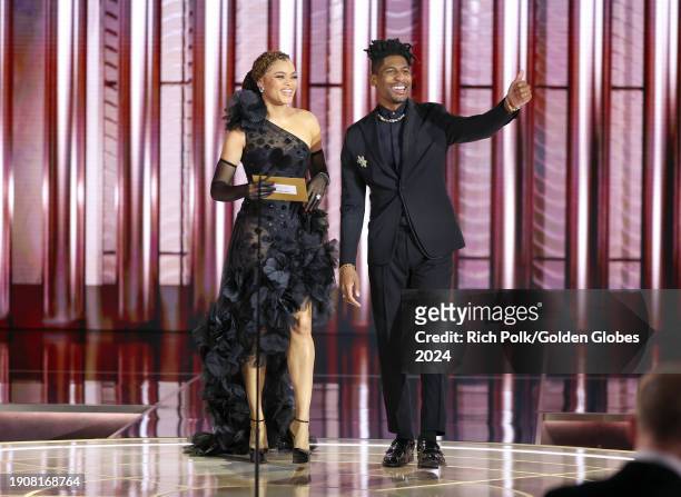 Andra Day and Jon Batiste speak onstage at the 81st Golden Globe Awards held at the Beverly Hilton Hotel on January 7, 2024 in Beverly Hills,...