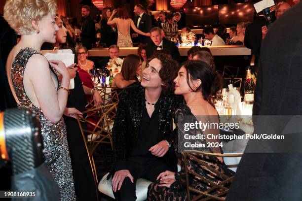 Julia Garner, Timothée Chalamet and Kylie Jenner at the 81st Golden Globe Awards held at the Beverly Hilton Hotel on January 7, 2024 in Beverly...