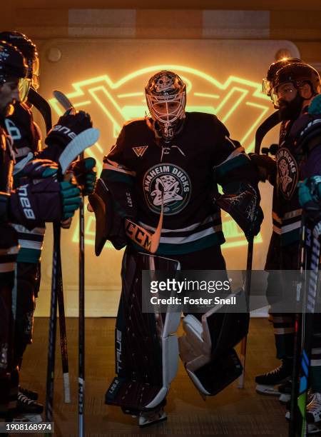 Lukas Dostal of the Anaheim Ducks takes the ice during Legacy Night prior to the start of the game against the Detroit Red Wings on January 7, 2024...