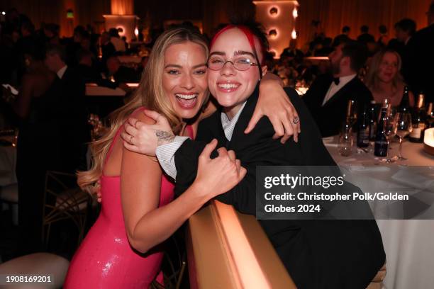 Margot Robbie and Billie Eilish at the 81st Golden Globe Awards held at the Beverly Hilton Hotel on January 7, 2024 in Beverly Hills, California.