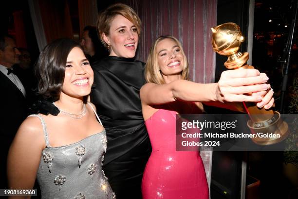 America Ferrera, Greta Gerwig and Margot Robbie at the 81st Golden Globe Awards held at the Beverly Hilton Hotel on January 7, 2024 in Beverly Hills,...