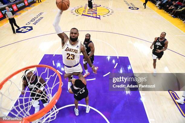 LeBron James of the Los Angeles Lakers goes to the basket during the game on January 7, 2024 at Crypto.Com Arena in Los Angeles, California. NOTE TO...