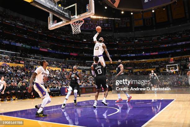 LeBron James of the Los Angeles Lakers dunks the ball during the game against the LA Clippers on January 7, 2024 at Crypto.Com Arena in Los Angeles,...