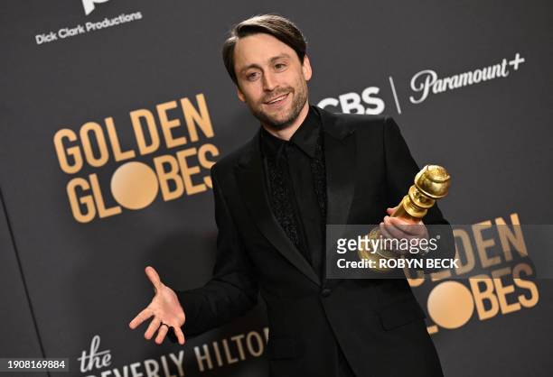 Actor Kieran Culkin poses with the award for Best Performance by a Male Actor in a Television Series - Drama for "Succession" in the press room...
