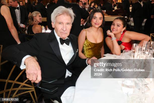 Harrison Ford, guest, and Selena Gomez at the 81st Golden Globe Awards held at the Beverly Hilton Hotel on January 7, 2024 in Beverly Hills,...