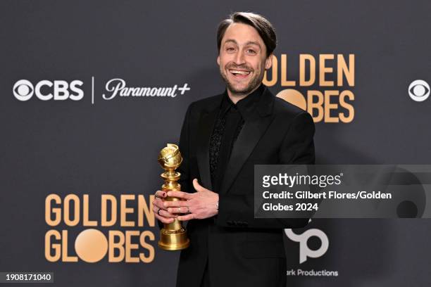 Kieran Culkin poses with the award for Best Performance by a Male Actor in a Television Series Drama for his role in "Succession" at the 81st Golden...
