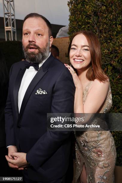 Yorgos Lanthimos and Emma Stone at the 81st Golden Globe Awards held at the Beverly Hilton in Beverly Hills, California on Sunday, January 7, 2024.