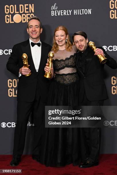 Matthew Macfadyen, Sarah Snook and Kieran Culkin at the 81st Golden Globe Awards held at the Beverly Hilton Hotel on January 7, 2024 in Beverly...