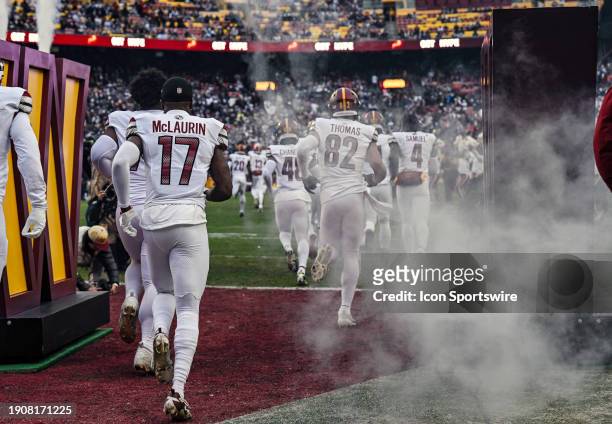 Washington Commanders wide receiver Terry McLaurin and the Washington Commanders take the field for the final game of the regular NFL season between...