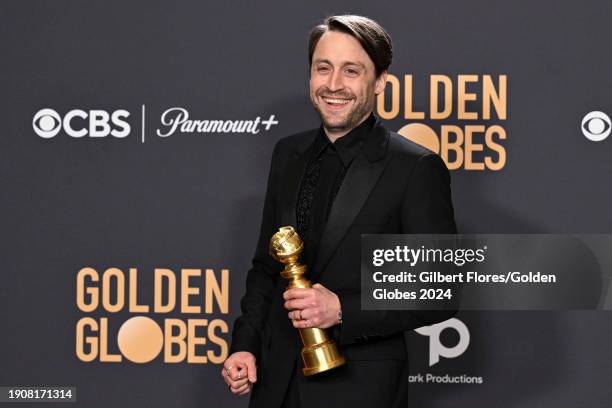 Kieran Culkin poses with the award for Best Performance by a Male Actor in a Television Series Drama for his role in "Succession" at the 81st Golden...