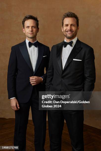 Patrick J. Adams and Gabriel Macht at the portrait booth at the 81st Golden Globe Awards held at the Beverly Hilton Hotel on January 7, 2024 in...