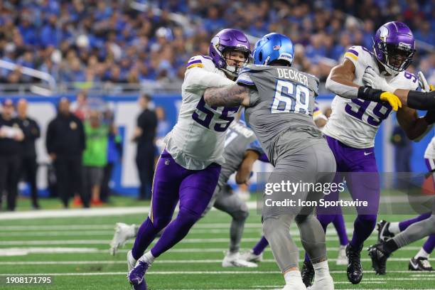 Minnesota Vikings linebacker Andre Carter rushes against Detroit Lions offensive tackle Taylor Decker during an NFL football game between the...