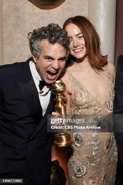 Mark Ruffalo and Emma Stone at the 81st Annual Golden Globe Awards, airing live from the Beverly Hilton in Beverly Hills, California on Sunday,...