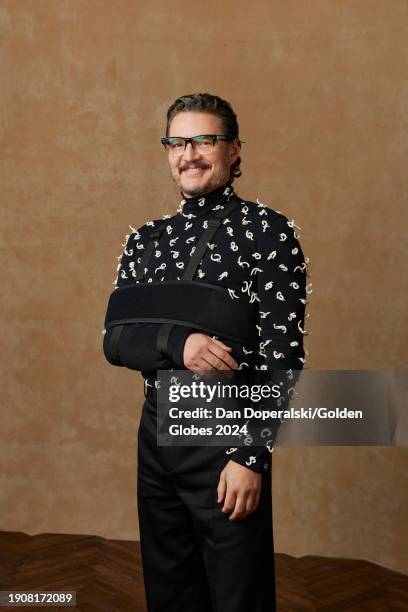 Pedro Pascal at the portrait booth at the 81st Golden Globe Awards held at the Beverly Hilton Hotel on January 7, 2024 in Beverly Hills, California.