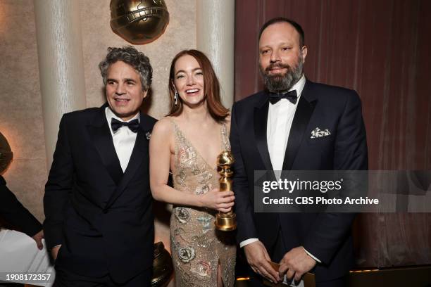 Mark Ruffalo, Emma Stone, Yorgos Lanthimos at the 81st Annual Golden Globe Awards, airing live from the Beverly Hilton in Beverly Hills, California...